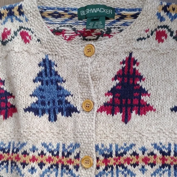 VTG Bushwacker Womens Sz L Button Cardigan Sweater Heavy Knit Christmas Trees - Picture 2 of 6